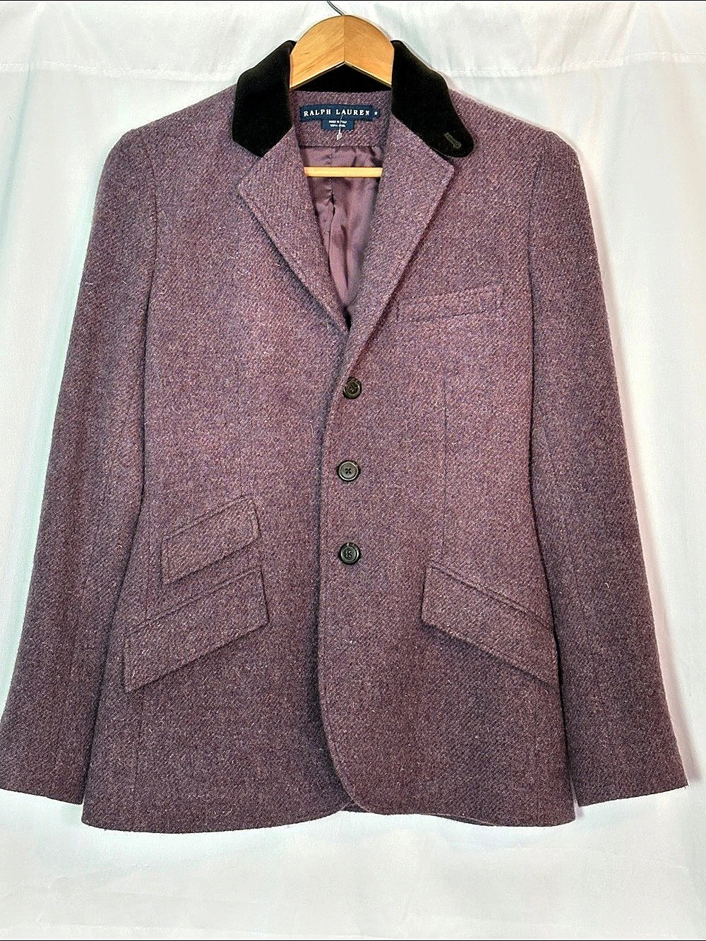 VTG Ralph Lauren Purple Tweet LambsWool/Velvet Blazer Equestrian Horse Size 8
